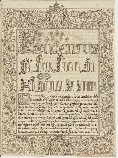 F.1r from Barb.lat.2085.  This is a 17th C copy of at 15th C papal bul.  There are elaborate borders with flowers in the style of 17th C engravings, a papal crown and Barberini arms (bees) at the top, and a series of bees descending into the text block.  The text starts with the standard invocation of a Bull "Eugenius Episcopo Seruus Seruorum Dei..." in a tall, narrow hand reminiscent of 17th C bulls.  The rest of the text is in a normal 17th C hand