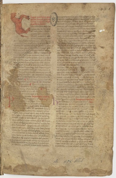 A page of gothic text in two columns, with many stains and worn sections.  At the top there is a rubric of four lines of red text, and then the main text starts with a large initial C in the shape of a horse. Ott.lat.1158.pt.B f.1r