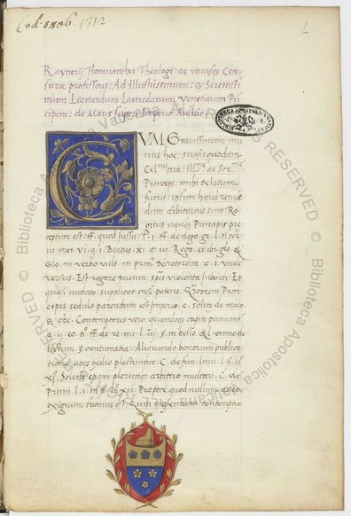 A page of humanist text in a single column from Ott.lat.1312, f.1r. There are several lines of purple text at top as a title, and the main text starts with a large gold over purple C